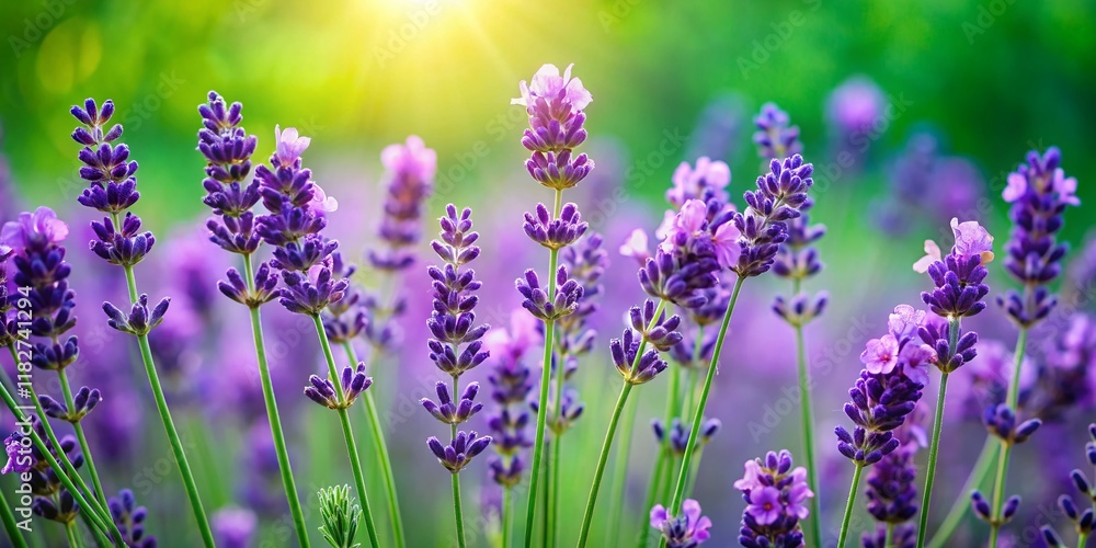 Obraz premium Calming Lavender Spiral: Panoramic Green Screen Stock Photo of Falling Purple Flowers