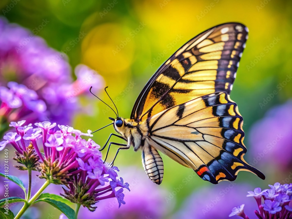 Fototapeta premium Canadian Tiger Swallowtail Butterfly on Purple Flower - Nectar Feeding Closeup
