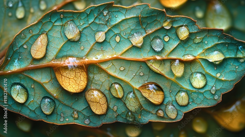 Obraz premium Close-up of green leaves adorned with water droplets, showcasing nature's beauty and detail.