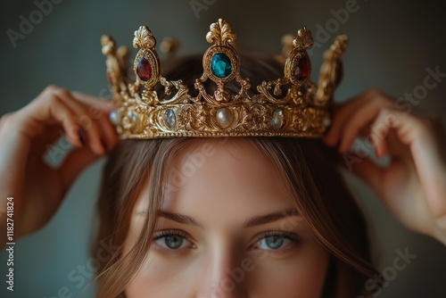 A captivating portrait of a young man in a crown, expressing freedom and strength against nature. photo