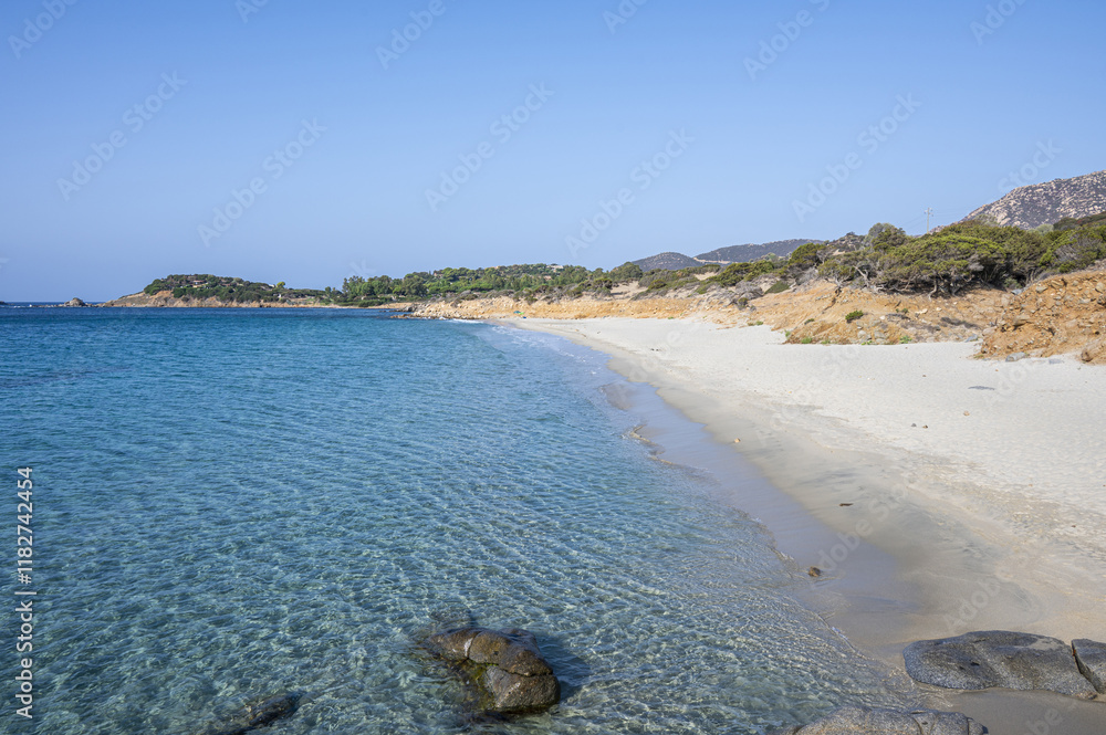 The beautiful Is Piscadeddus beach in Villasimius with white sand and transparent blue and turquoise water