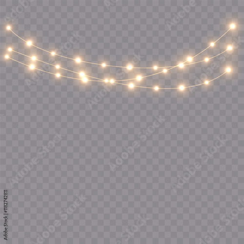 Valentine’s Day heart garland with glowing LED fairy lights, isolated on a transparent background. A stunning vector illustration featuring seamless heart-shaped light bulbs for festive