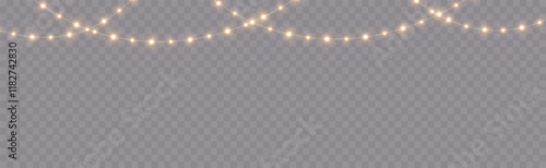 Romantic heart-shaped fairy lights forming a seamless garland border. Perfect Valentine’s Day decoration featuring bright glowing bulbs on a transparent background. The LED heart garland