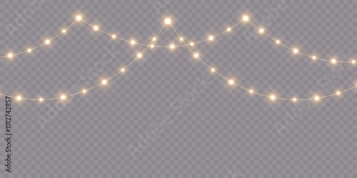 Romantic heart-shaped fairy lights forming a seamless garland border. Perfect Valentine’s Day decoration featuring bright glowing bulbs on a transparent background. The LED heart garland