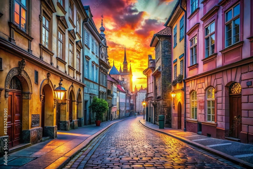 Fototapeta premium Charming Prague: Double Exposure of Narrow Streets and Gothic Architecture