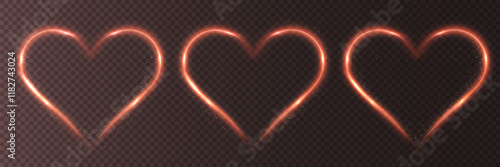 Glowing red heart with light flashes isolated on a transparent background. Beautiful heart-shaped gold wire glow perfect for Valentine's Day greeting cards, invitations, banners, and romantic designs.