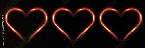 Glowing red heart with light flashes isolated on a transparent background. Beautiful heart-shaped gold wire glow perfect for Valentine's Day greeting cards, invitations, banners, and romantic designs.