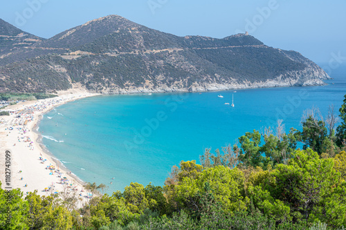 Aerial view of the beautiful Solanas beach with blue and turquoise water