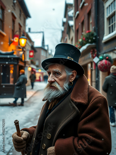 Dickens Scrooge Man in Old Winter Street. photo