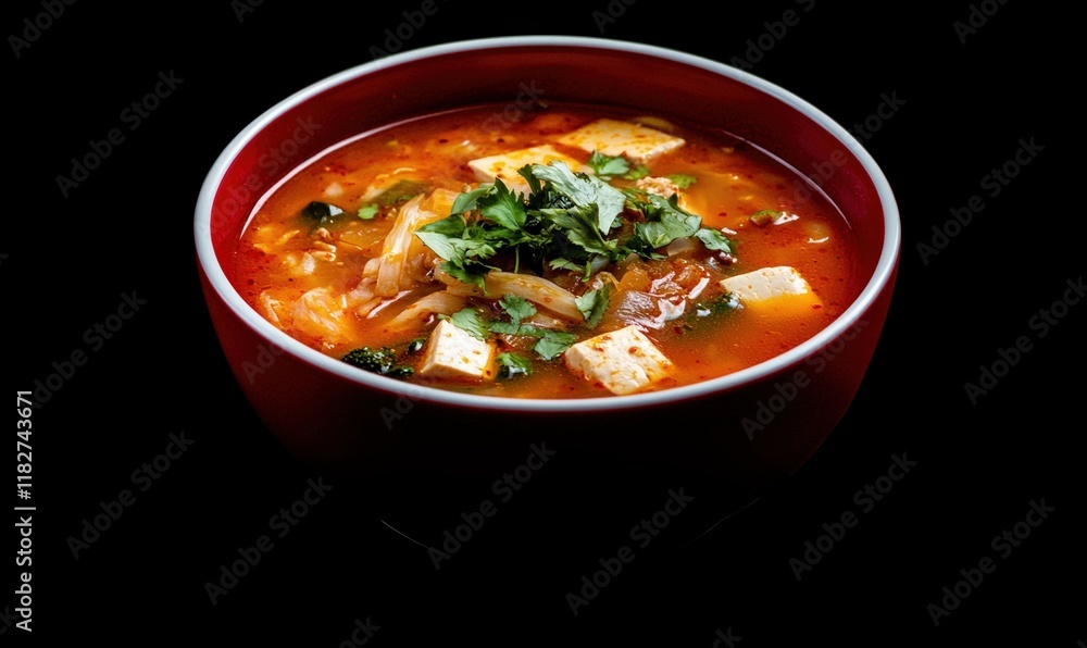 Delicious kimchi jjigae served in a vibrant red bowl against a black background Delicious kimchi jjigae served in a vibrant red bowl against a black background