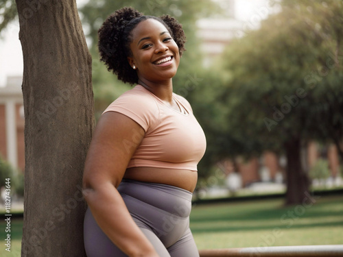 A cheerful, plump, cheerful woman plays sports in a city park.