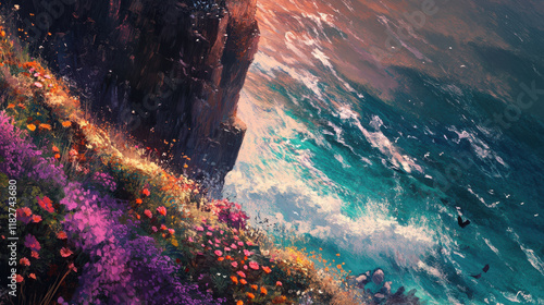 A breathtaking coastal cliff with lush spring greenery, vibrant flowers blooming along the edges, gentle waves crashing below in soft pastel hues of teal and pink. The scene is illuminated by golden s photo