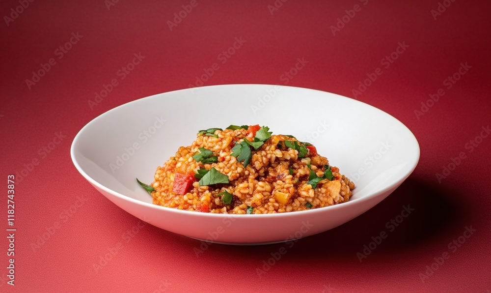 Savory harissa dish featuring chicken and wheat in a creamy texture against muted deep red backdrop Savory harissa dish featuring chicken and wheat in a creamy texture against muted deep red backdrop