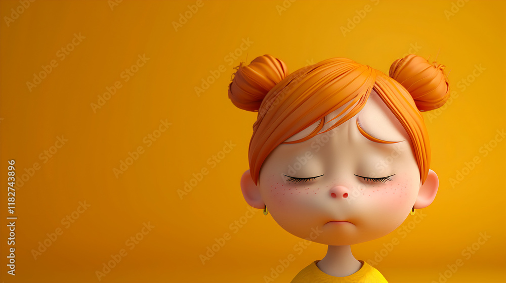 Sad Child Cartoon Illustration with Closed Eyes on Orange Background Depicting Emotional Expression Sad Child Cartoon Illustration with Closed Eyes on Orange Background Depicting Emotional Expression
