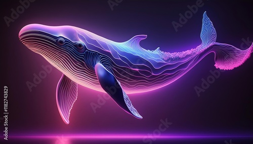 Hologram of a neon whale on a black background. photo