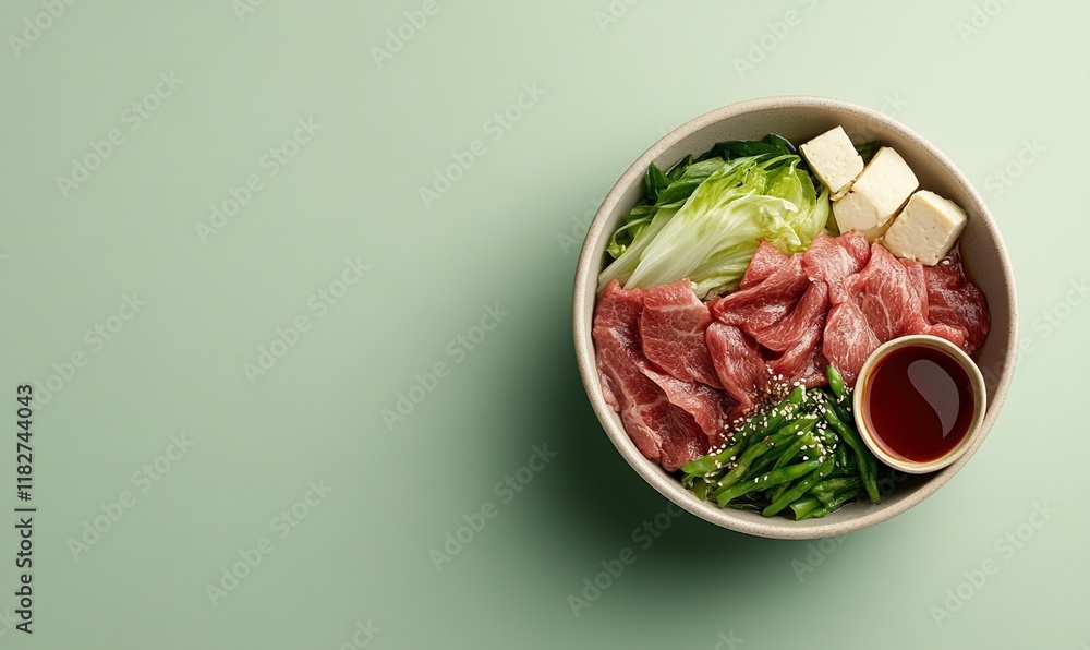 Experience the savory delight of shabu-shabu with tender beef, fresh vegetables, and tofu in a calming presentation Experience the savory delight of shabu-shabu with tender beef, fresh vegetables, and tofu in a calming presentation