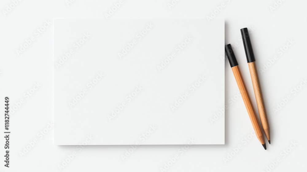Blank white paper sheet with black and wooden pencils on a light background, ideal for creative planning and note-taking activities Blank white paper sheet with black and wooden pencils on a light background, ideal for creative planning and note-taking activities