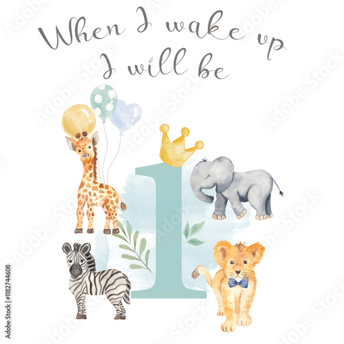 When I Wake Up I Will Be 1 - Cute Jungle Characters Illustration for Kids' Birthday
