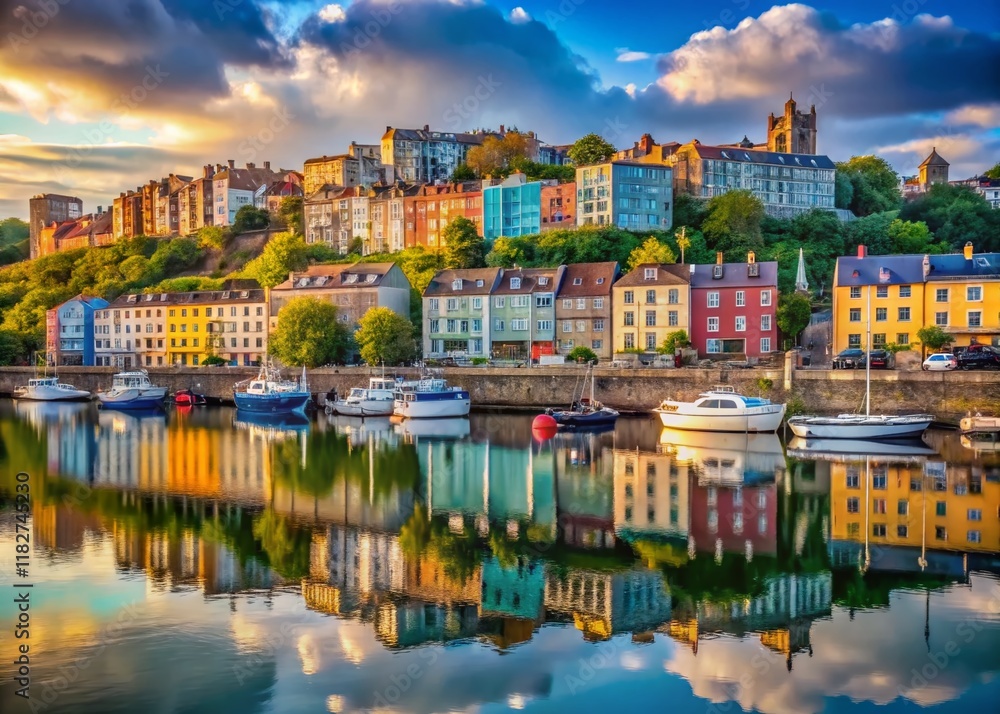 Obraz premium Clifton Harbour Bristol, England: Panoramic View of Floating Docks & Iconic Cityscape