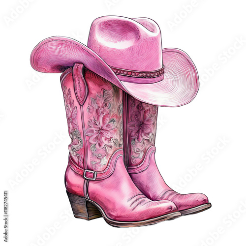 Pink Cowboy Boots and Hat - Fun and Stylish Western-Inspired Design for Fashion, Parties, and Events