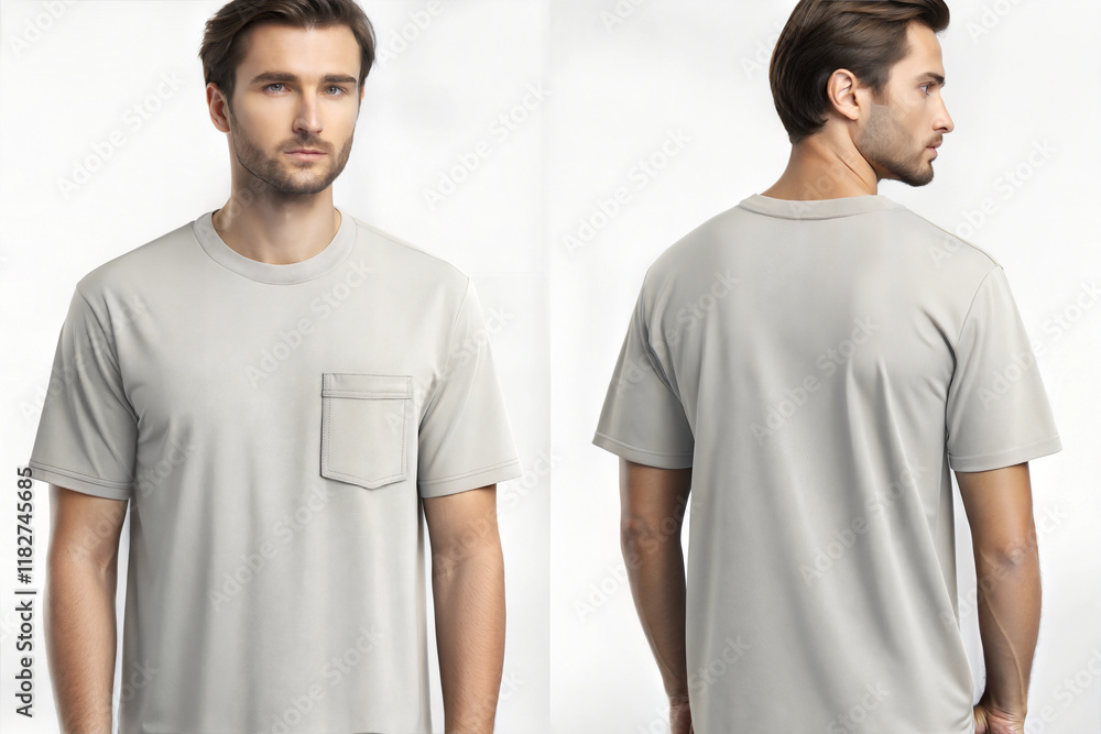 T-shirt mockup on model in studio against a neutral background T-shirt mockup on model in studio against a neutral background