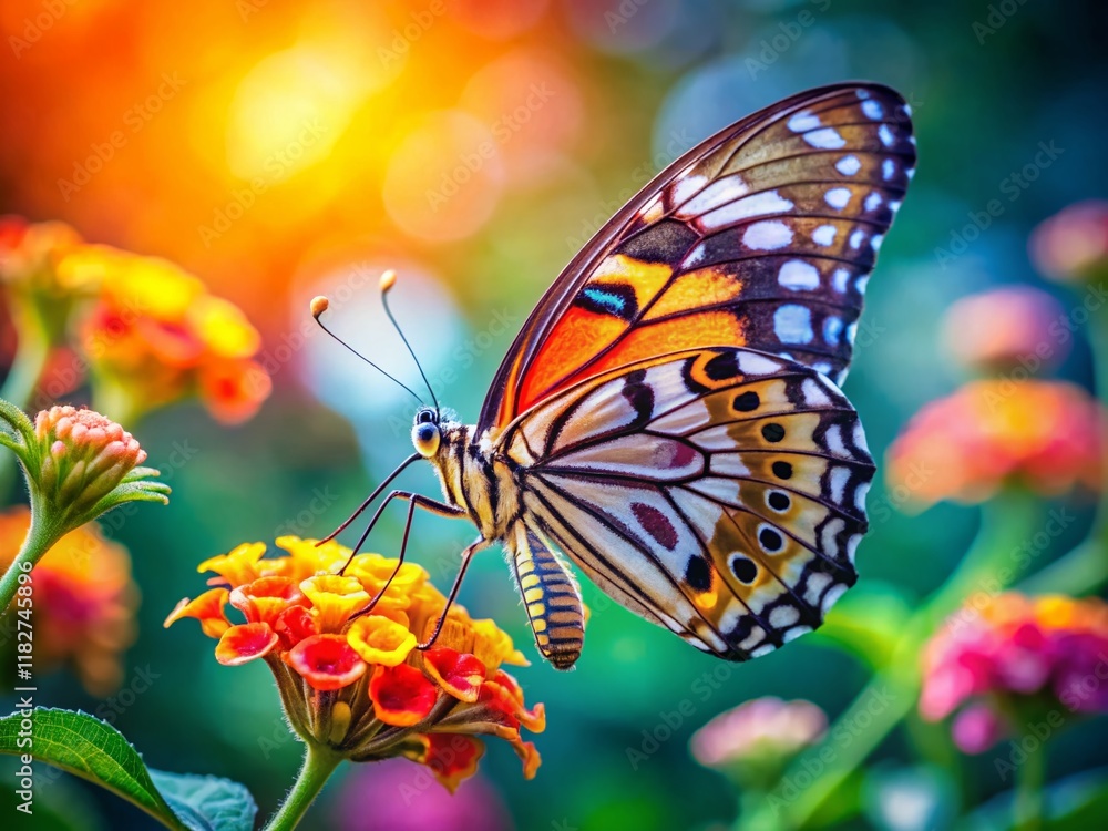 Close-up Detailed Shot of a Colorful Butterfly on a Blooming Flower, High Depth of Field Close-up Detailed Shot of a Colorful Butterfly on a Blooming Flower, High Depth of Field
