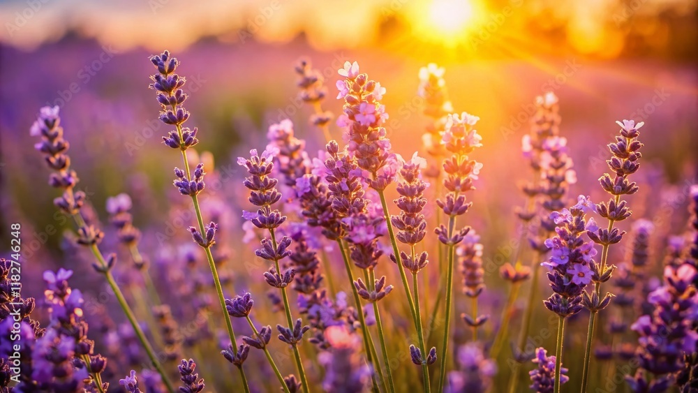 Naklejka premium Close-Up Lavender Field, Summer Sunlight, Tranquil Purple Flowers, Floral Beauty, Nature Photography