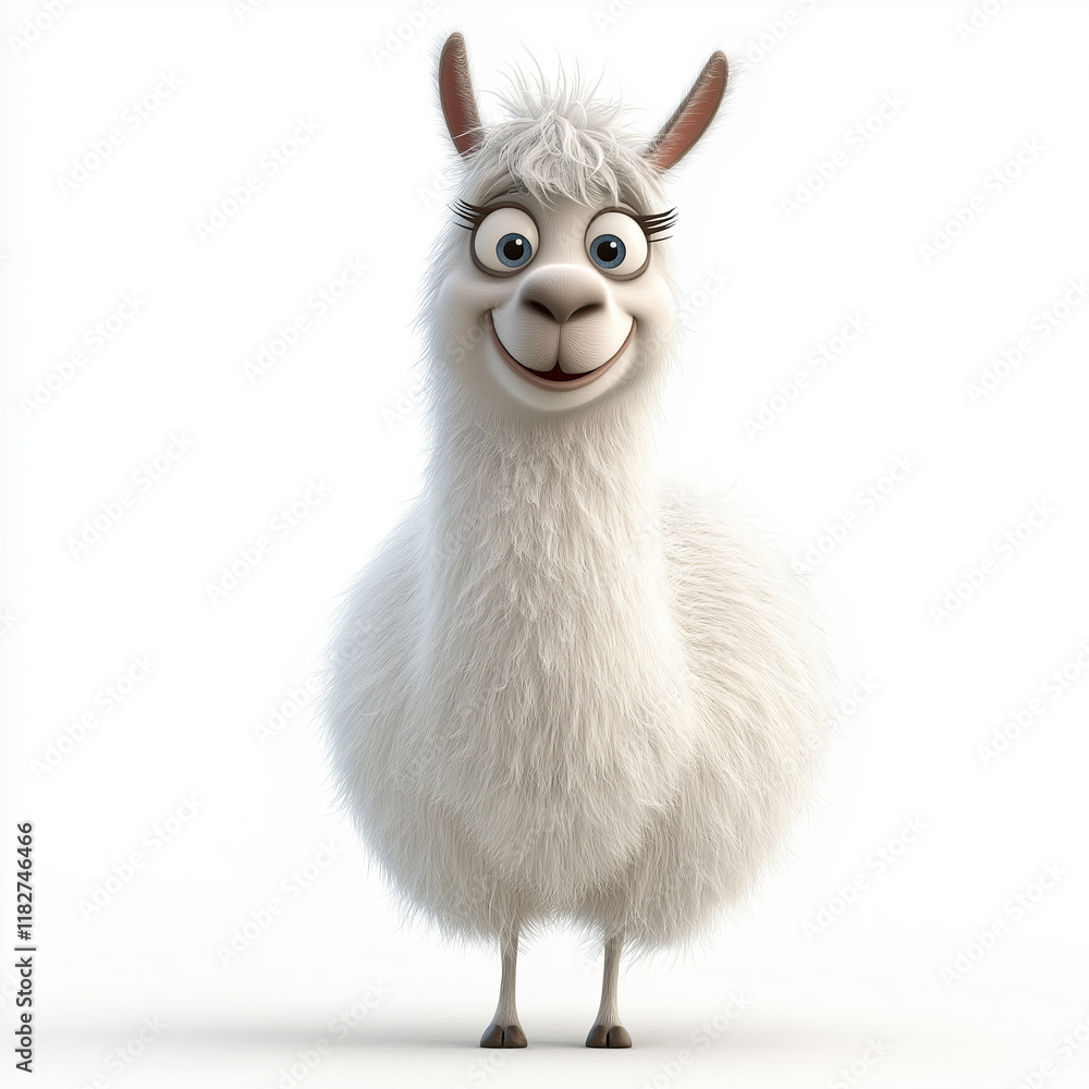 Obraz premium Llama clipart with fluffy white fur, large sparkling eyes, and a sweet, friendly face. The llama stands with a happy expression and its ears perked up
