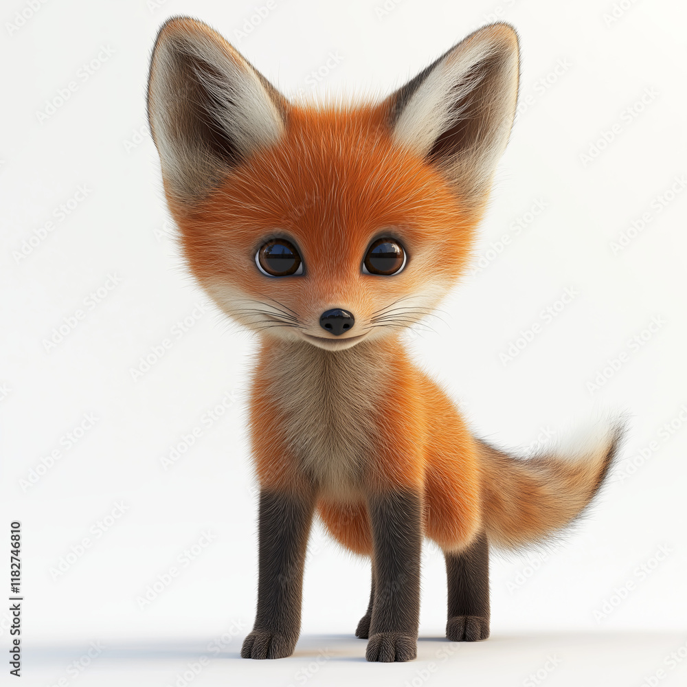 Fototapeta premium Baby maned wolf clipart with soft reddish-brown fur, big glossy eyes, tall ears, and a curious, sweet expression. The cub is standing playfully