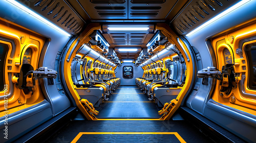 Fototapeta Naklejka Na Ścianę i Meble -  A view of the inside of a space station with yellow seats
