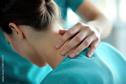 Therapist performs manual therapy on patient to alleviate neck pain and tension in a clinical setting photo