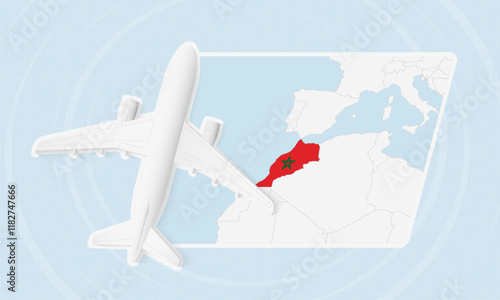 Morocco Travel Illustration with Plane and National Flag. Airplane Flying Over Morocco Map.