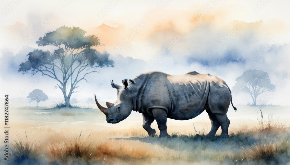 Fototapeta premium Watercolor illustration of a rhinoceros walking through a grassy landscape under a hazy sky during the day