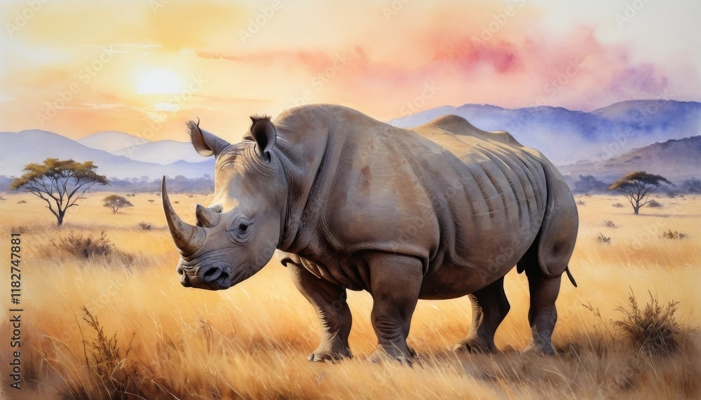 Majestic rhinoceros grazing in golden grassland during a vibrant daybreak in a serene wildlife habitat Majestic rhinoceros grazing in golden grassland during a vibrant daybreak in a serene wildlife habitat