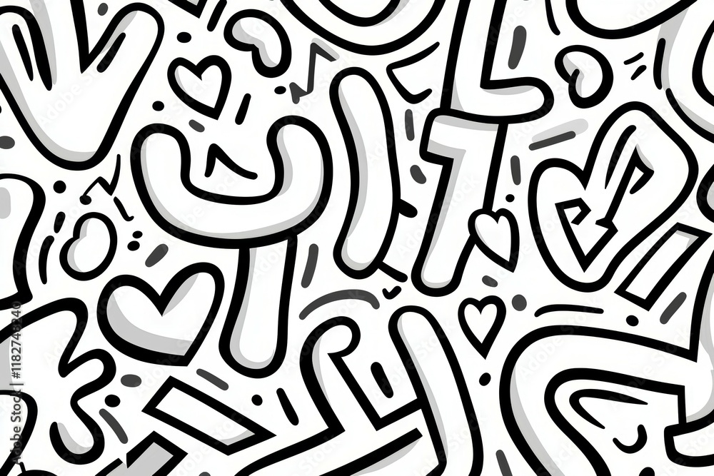 Abstract black and white doodle pattern with arrows and hearts Abstract black and white doodle pattern with arrows and hearts