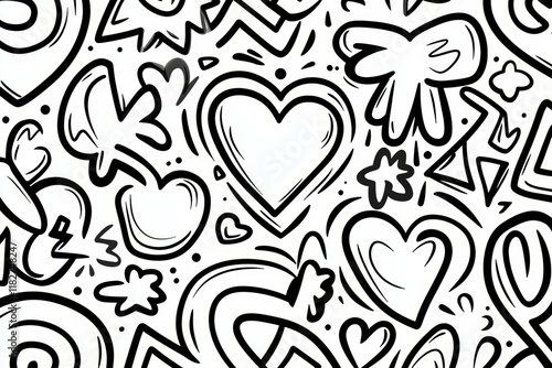 Black and white heart doodle pattern with abstract shapes and designs photo