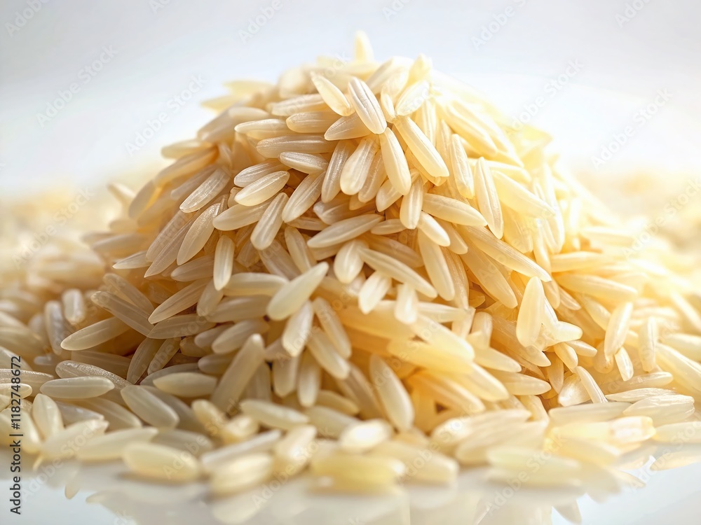 Close-up of Uncooked Basmati Rice Grains on White Background – Natural Light Photography