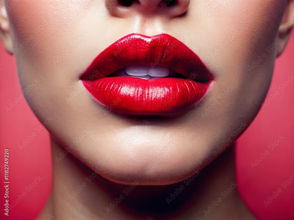 Fototapeta premium Close-up Red Lipstick on Soft Pink Background - Beauty Makeup Stock Photo