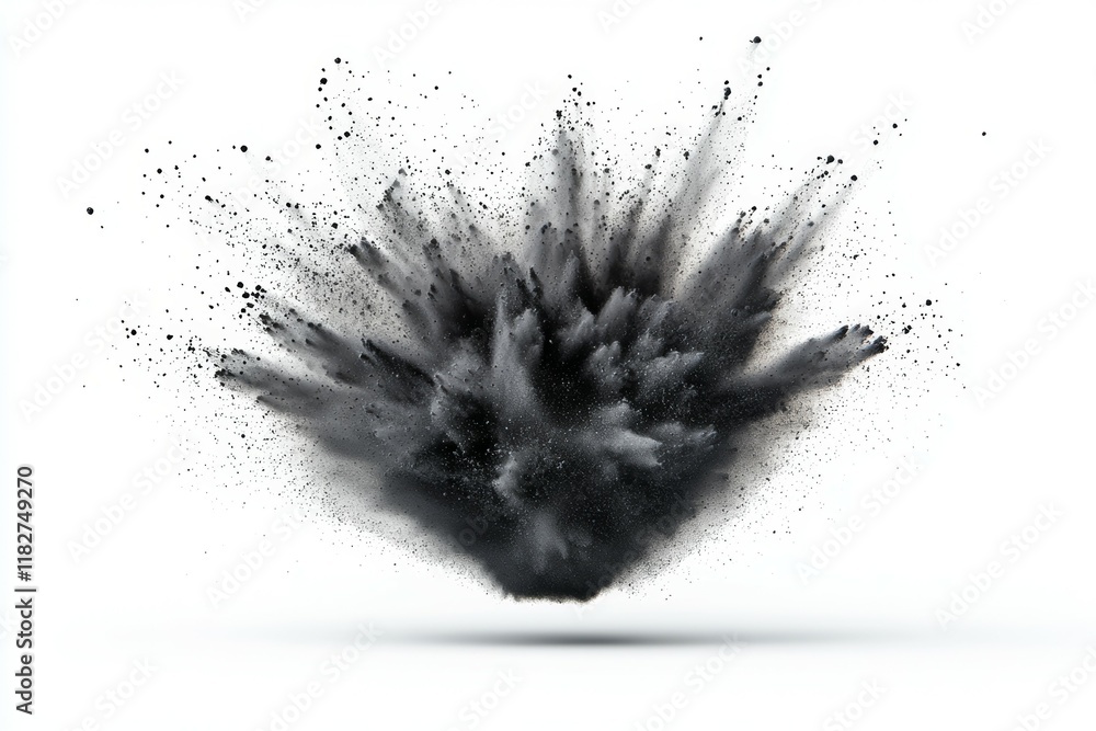 Dynamic explosion of black powder on white background Dynamic explosion of black powder on white background