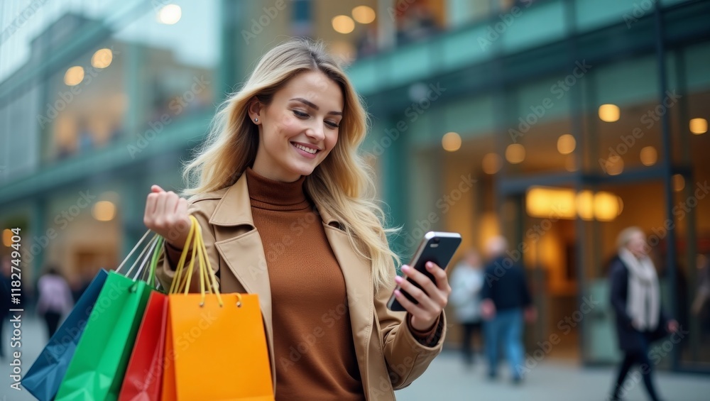 Young woman shopping in urban setting with smartphone Young woman shopping in urban setting with smartphone