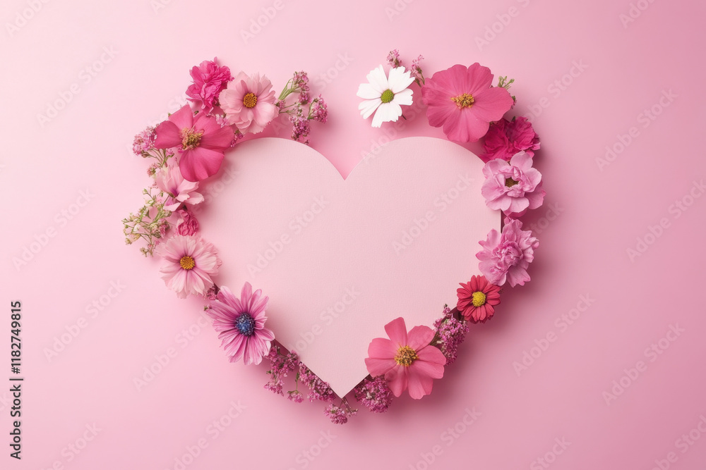 Creative layout with pink flowers, paper heart over punchy pastel background. Top view, flat lay. Spring, summer or garden concept. Present for Woman day Creative layout with pink flowers, paper heart over punchy pastel background. Top view, flat lay. Spring, summer or garden concept. Present for Woman day