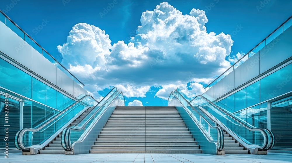 Modern escalator stairs ascend to blue sky Modern escalator stairs ascend to blue sky