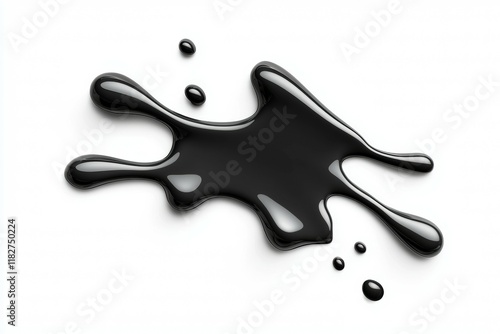 Glossy black liquid spill on white background in abstract shape photo