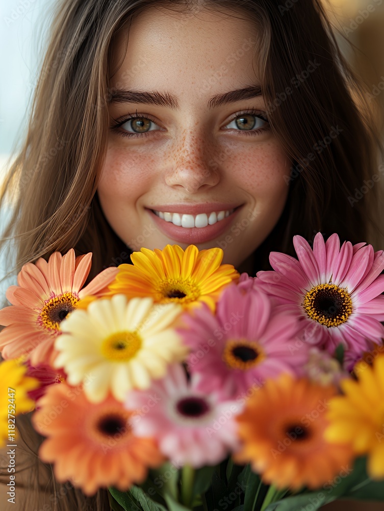 Smiling Young Woman Holding a Bouquet of Colorful Flowers Indoors During Daylight Smiling Young Woman Holding a Bouquet of Colorful Flowers Indoors During Daylight