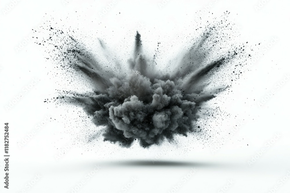 Explosion of black smoke with floating dust particles on white background Explosion of black smoke with floating dust particles on white background