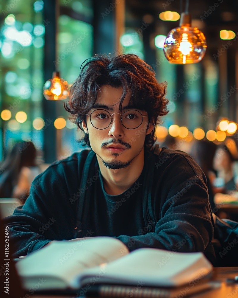 Obraz premium Young Man in Glasses Sitting at a Table With Open Book in Modern Cafe Surrounded by Warm Lighting and Patrons, Enjoying Quiet Study Time in the Afternoon