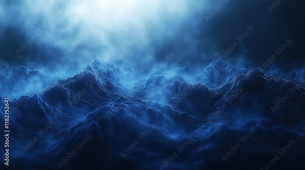 Misty blue mountain peaks with atmospheric fog and ethereal lighting Misty blue mountain peaks with atmospheric fog and ethereal lighting