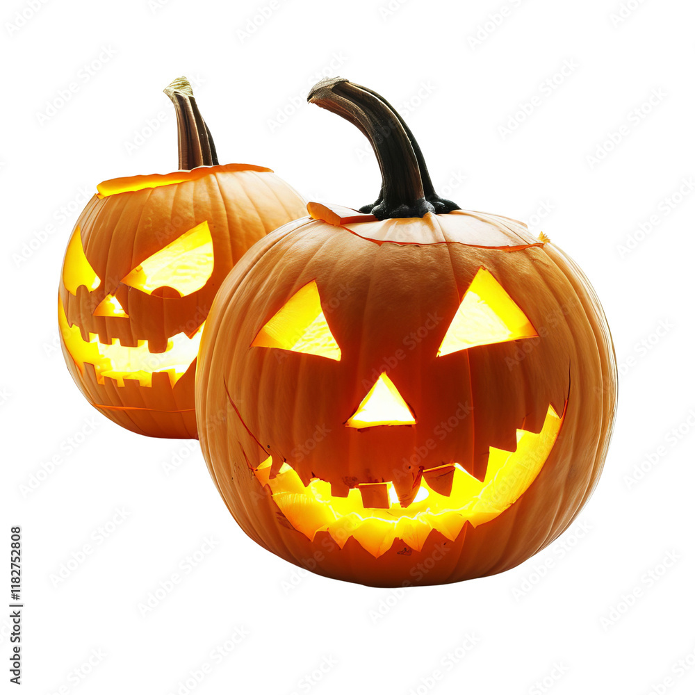 Two glowing Halloween pumpkins with carved faces, perfect for festive autumn decorations and Halloween celebrations. Two glowing Halloween pumpkins with carved faces, perfect for festive autumn decorations and Halloween celebrations.
