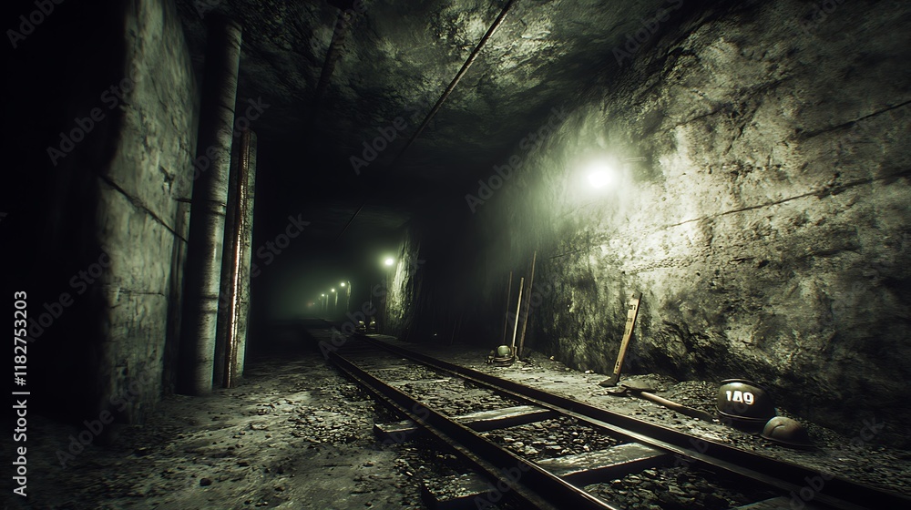 Fototapeta premium Underground coal mining tunnel with rail tracks, dim lighting, pickaxes and helmets on the side, rugged rock walls