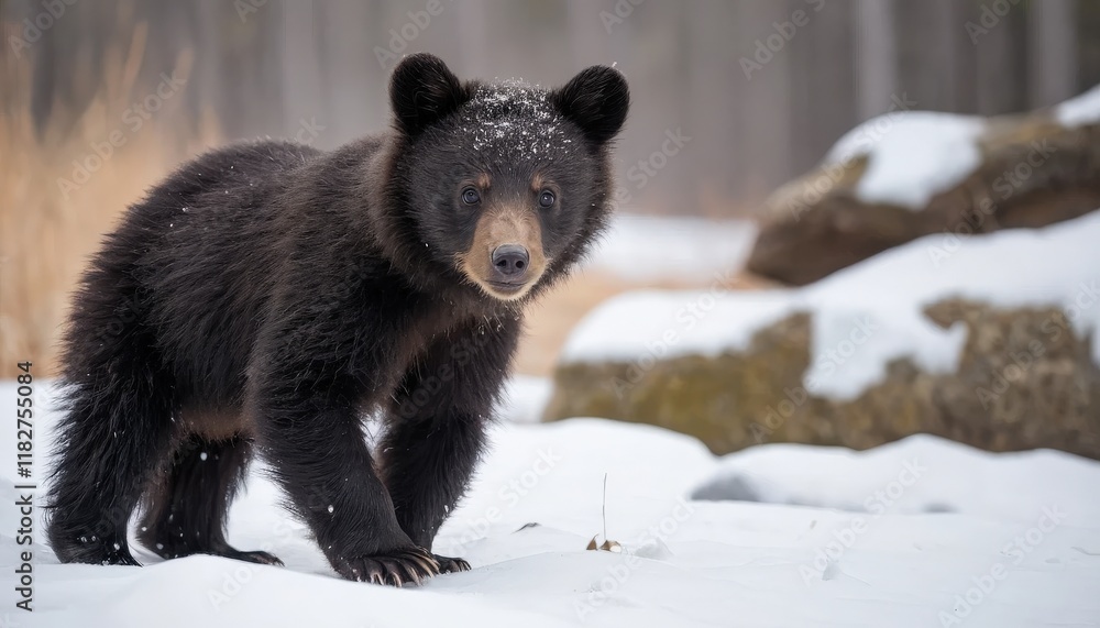 Adorable Baby Brown Bear in a Snowy Forest